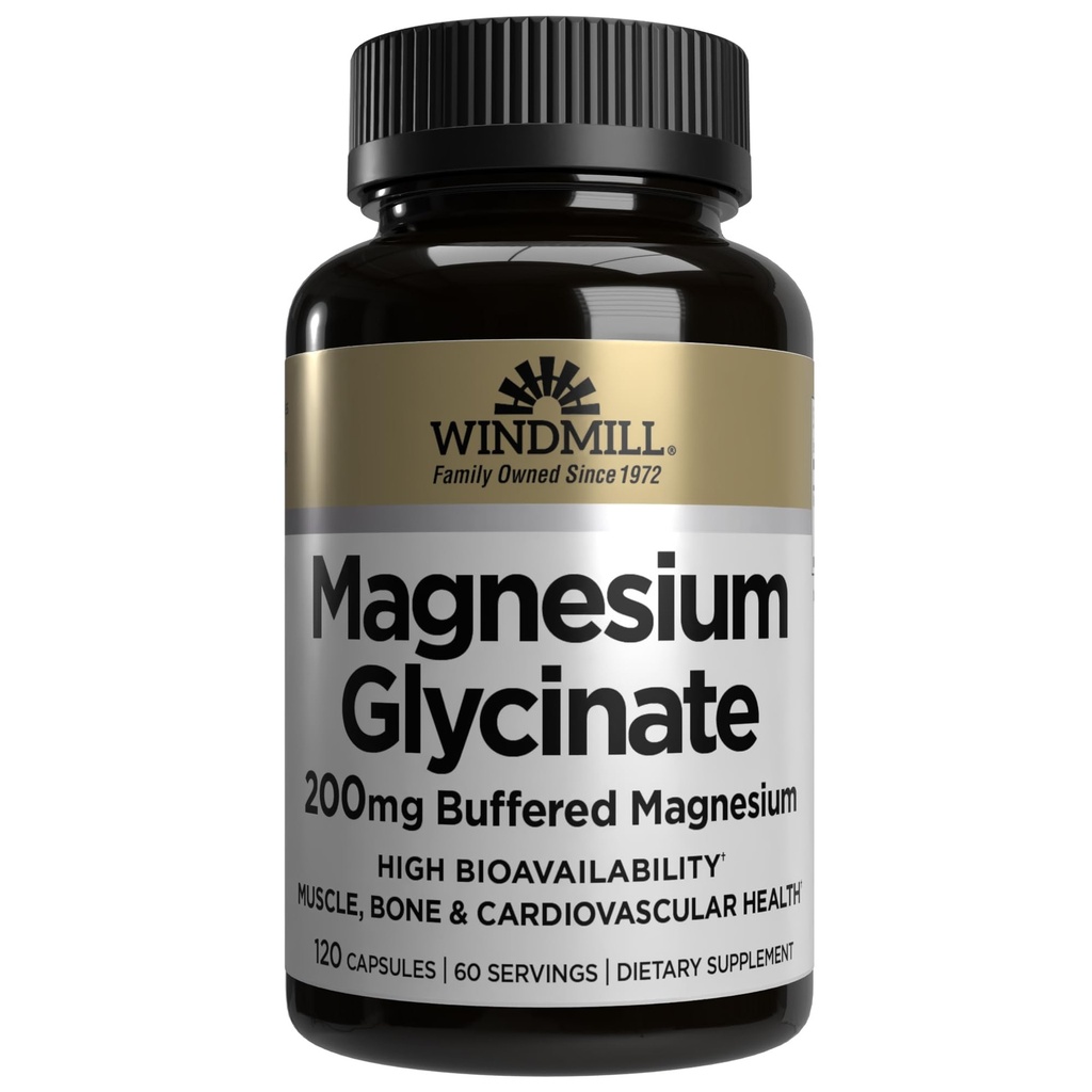 Windmill Natural Vitamins Magnesium Glycinate 200 mg, Supports Muscle, Joint, and Heart Health, Energy and Bone Support, Veggie Capsules, Gluten Free, Vegan, Non-GMO, 120 Capsules