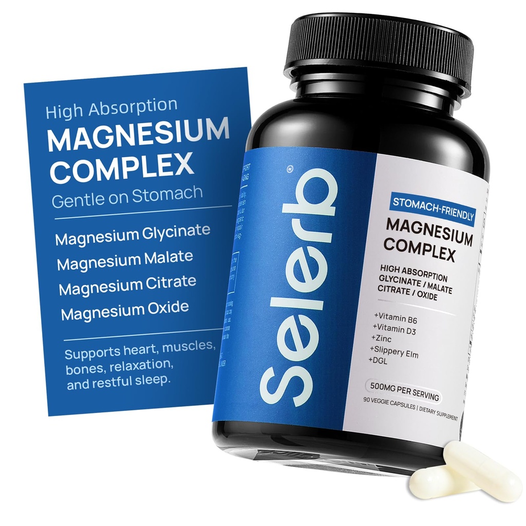 Selerb Magnesium Complex for Women and Men-Glycinate,Malate,Citrate,Oxide Supports Calm, Sleep, Muscle & Energy with D3, B6, Zinc, Slippery Elm & DGL Gentle on Stomach 90 Capsules