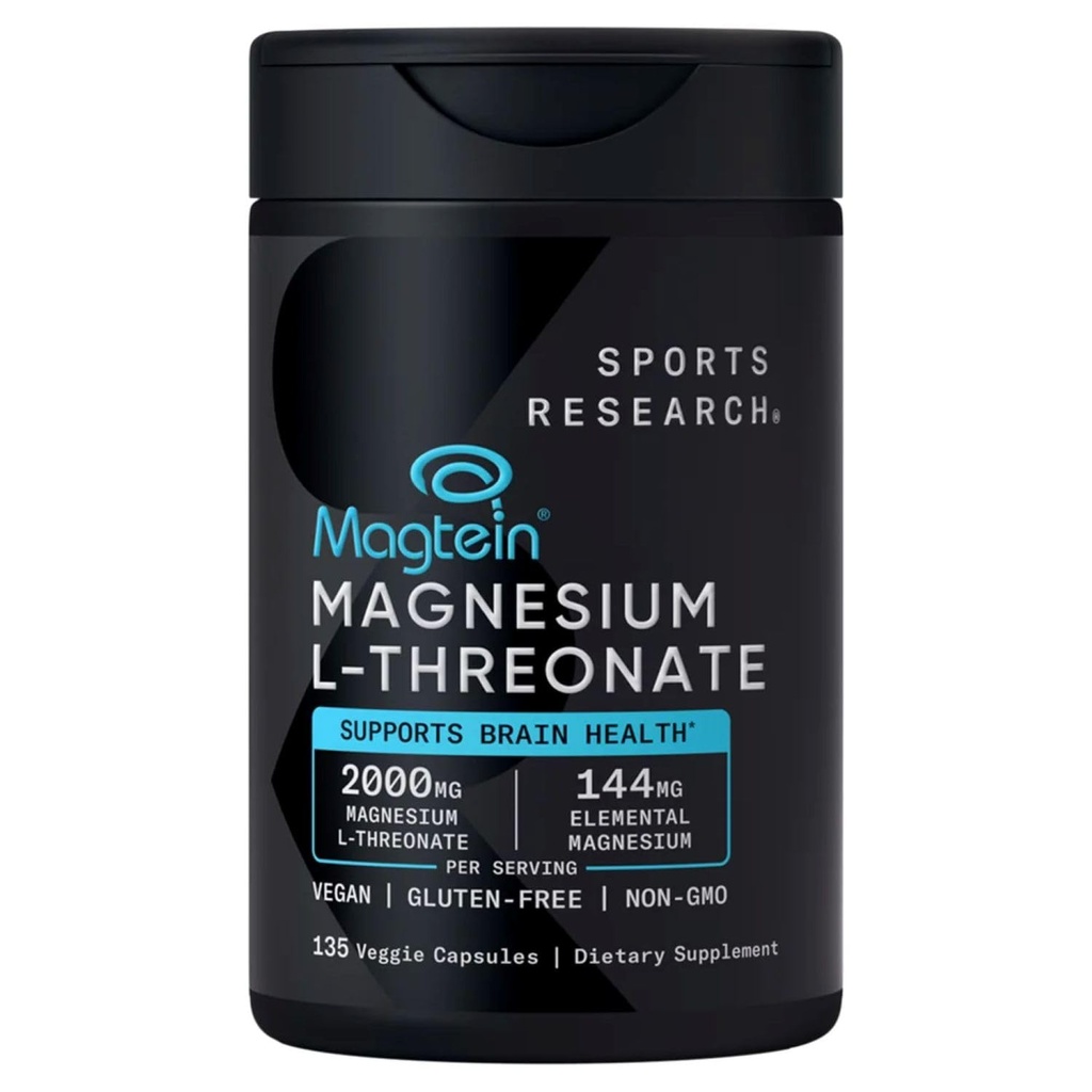 SPORTS RESEARCH Magtein Magnesium L- Threonate Advanced (2000 MG Magnesium L-Threonate 144 MG Elemental Magnesium Per Serving) 135 Veggie CapsulesPlus Bonus 2 Sugar Free White Peach Hydration Sticks
