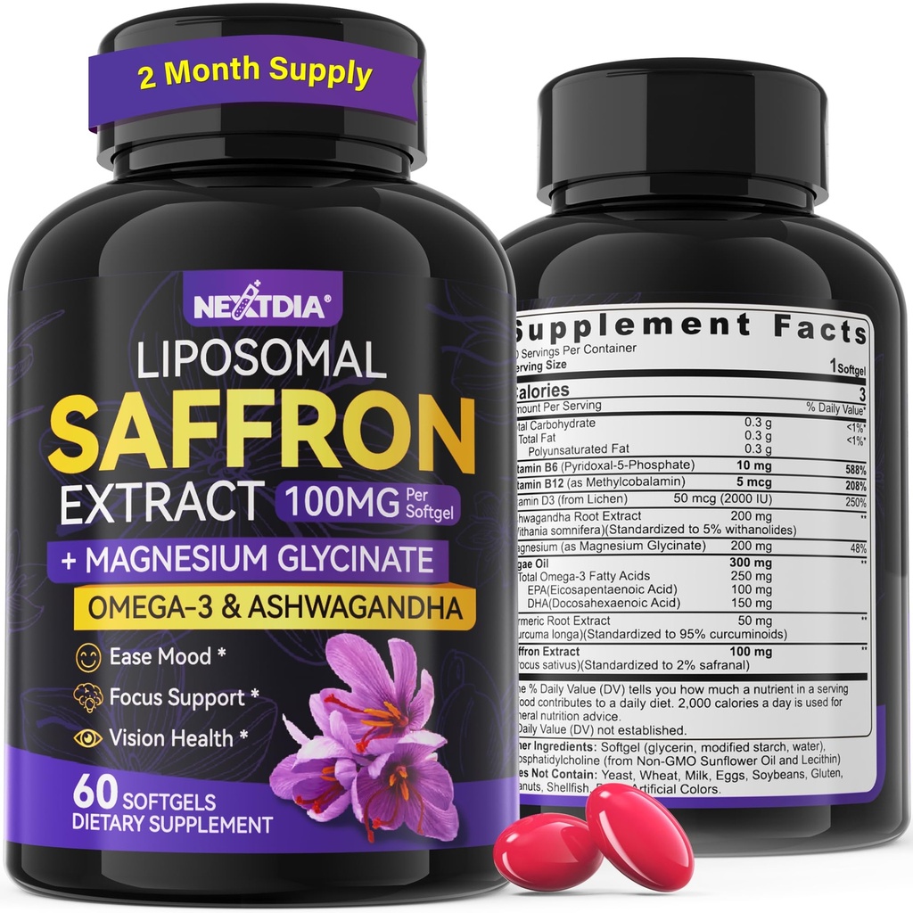 Nextdia Saffron Supplements - Liposomal High Absorption 100% Pure Saffron Extract 100mg with Magnesium Glycinate, Omega-3, Turmeric, Ashwagandha, Vitamin B6, B12, D3 for Mood, Brain - 1PACK.