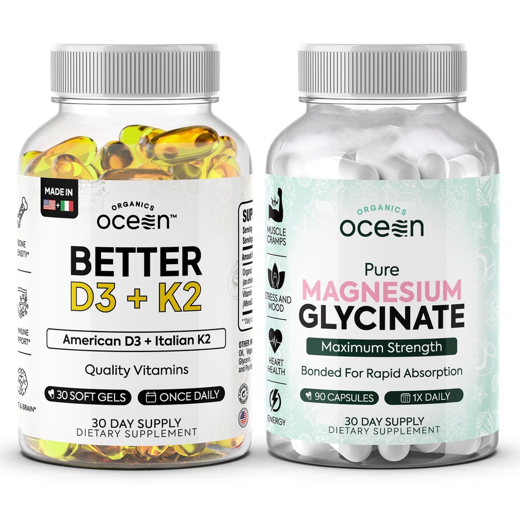 Organics Ocean Muscle, Bone, Heart & Sleep Wellness Bundle – Chelated Magnesium Glycinate with Zinc & VIT D3 and K2 Supplements for Muscle Function, Calcium Absorption & Vascular Health