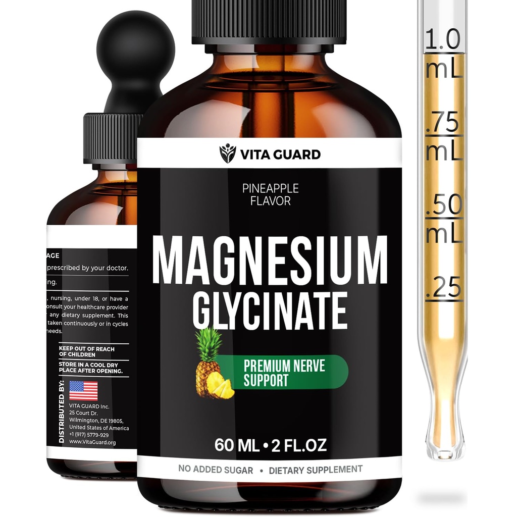 Magnesium Glycinate 500mg Liquid Drops – Sugar-Free Magnesium Supplement, Vegan Formula, 60 mL Flavor Pineapple