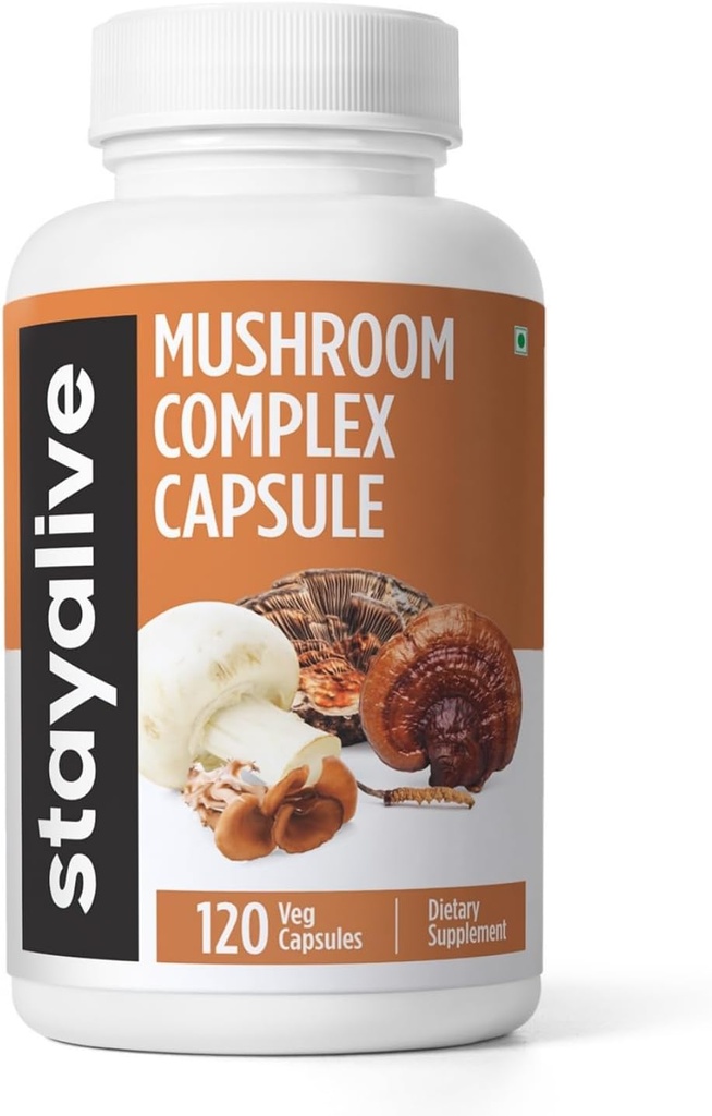 STAY ALIVE Mushroom Complex 1000mg, 6-in-1 Mushroom Suplemento w / Lions Mane, Reishi, Chaga, Cordyceps, Maitake y Turquía Extract Powder, 120 Píldoras Vegan, no GMO &amp; Gluten Free Herbal Capsules