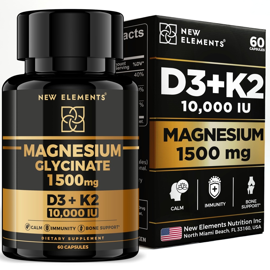 Magnesium Glycinate 1500mg with Vitamin D3 K2 10,000 IU - Bone Health, Immune Support, Energy & Mood - Non-GMO, Gluten-Free, 60 Vegan Capsules for Women & Men