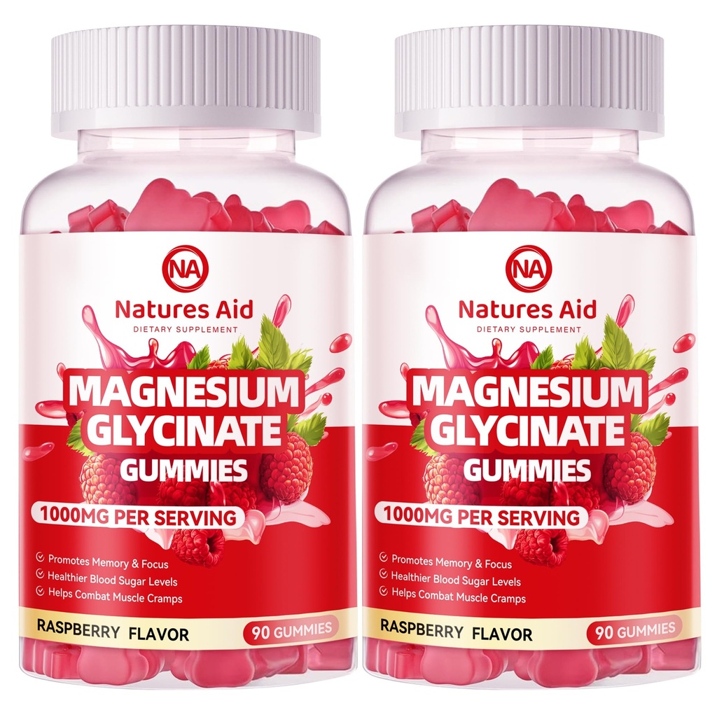Magnesium Glycinate Gummies 1000mg - Sugar Free Magnesium Potassium Supplement with Vitamin D, B6, CoQ10 for Calm Mood & Sleep Support - 180 Raspberry Gummies.