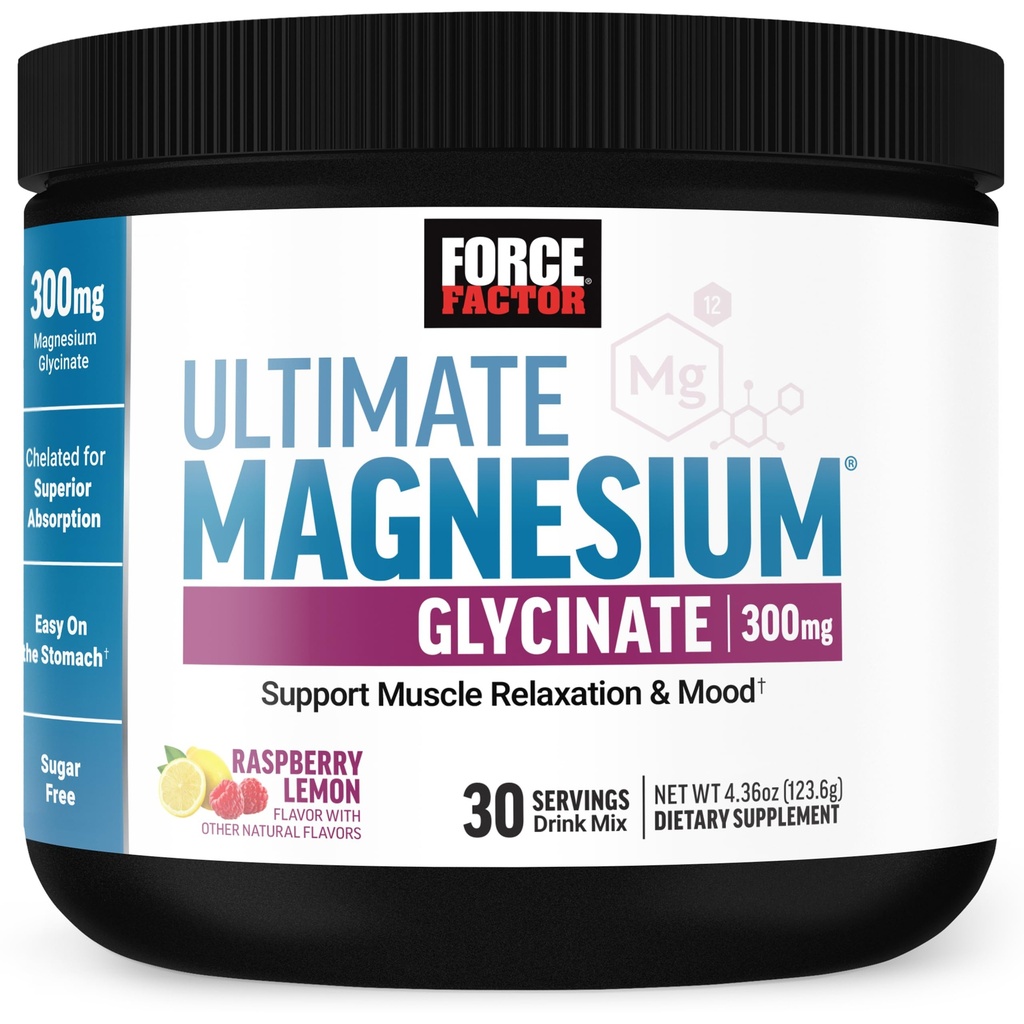 Force Factor Ultimate Magnesium Glycinate Powder 300mg, Support Relaxation & Mood, Promote Bone Health, Chelated Magnesium Bisglycinate, High Absorption, Raspberry Lemon, 30 Servings
