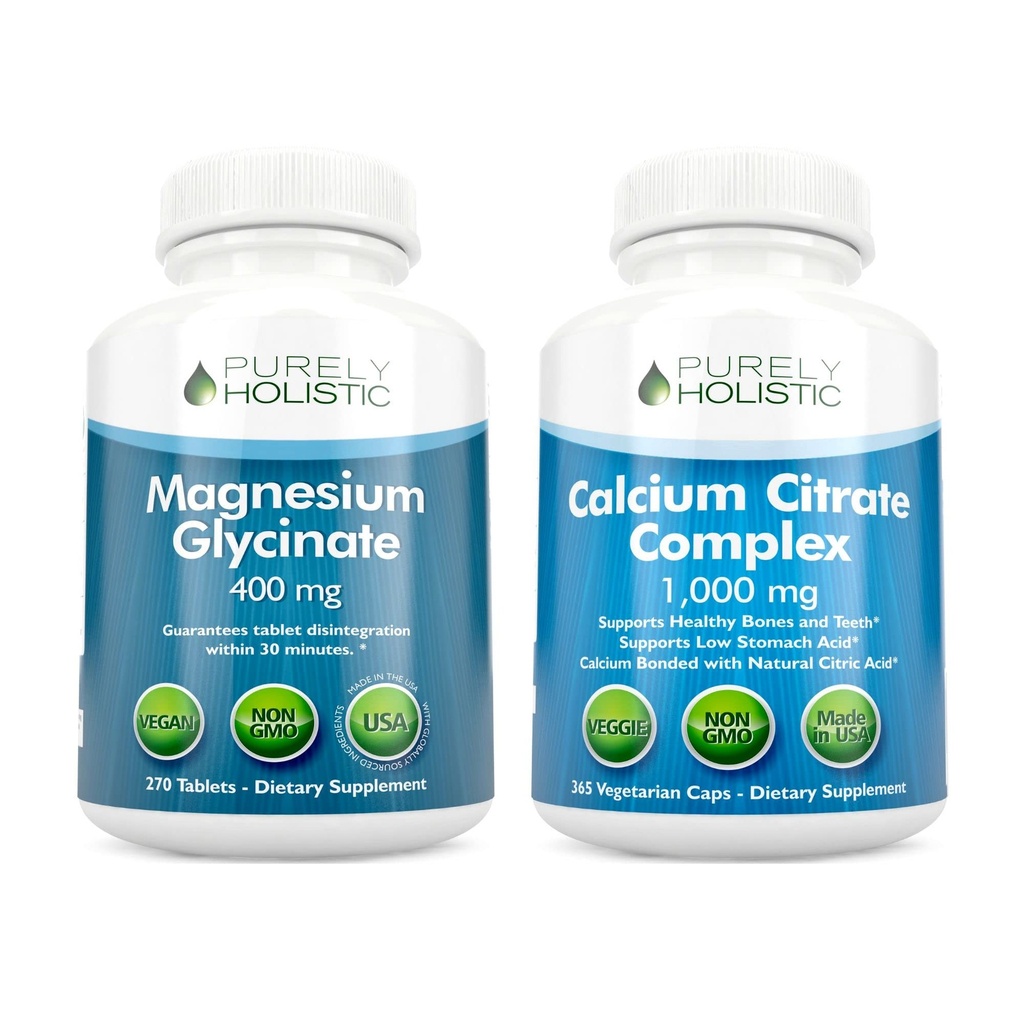 Magnesium Glycinate 400mg + Calcium Citrate 1000mg with Parsley, Dandelion & Watercress - Vegan Bundle - 270 Tablets & 365 Capsules