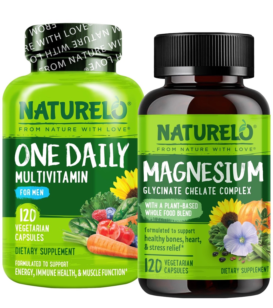 NATURELO Magnesium Glycinate Chelate Complex - 120 Capsules and One Daily Multivitamin for Men, 120 Vegetarian Capsules Bundle