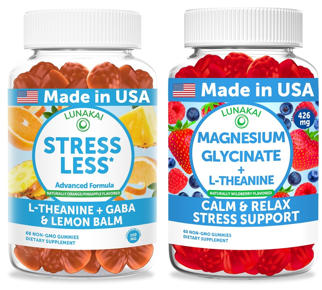 Lunakai USA Made Stress Less + Magnesium Glycinate with L-Theanine Gummies Bundle – Naturally Flavored, Non-GMO – 60ct Each