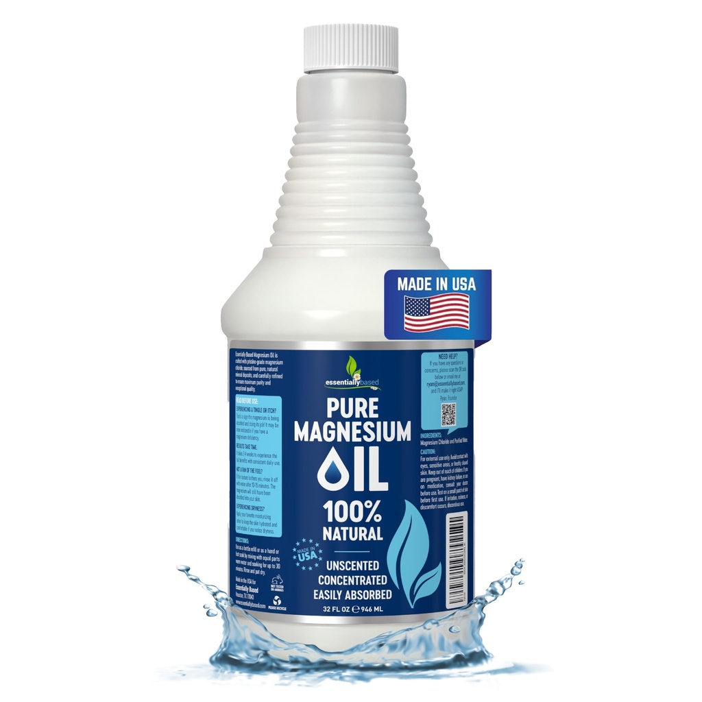 Pure Magnesium Oil Spray 32oz - Topical Magnesium Spray for Sleep & Feet - Extra Strength - USP Grade - 100% Natural and Organic Oil for Muscle Pain & Cramps - No Sprayer Included - Made in USA