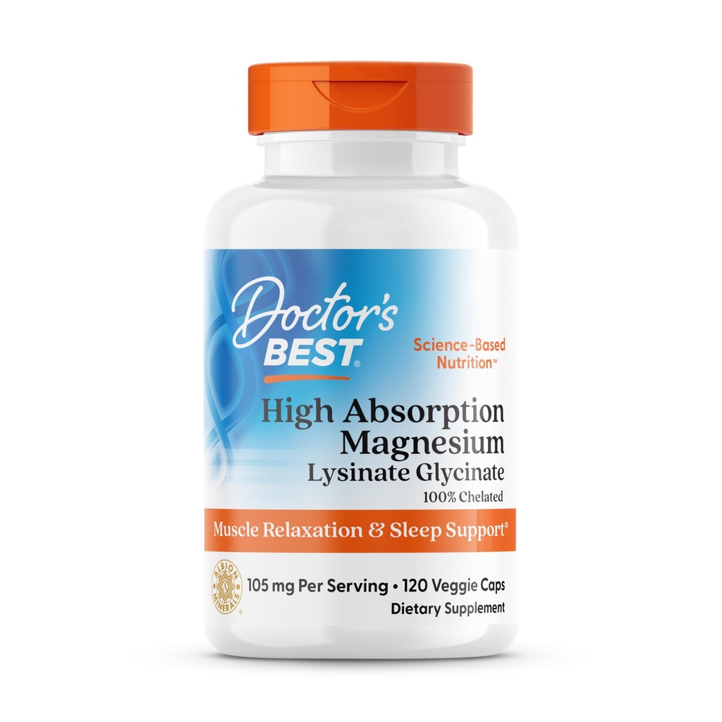 Doctor's Best High Absorption Magnesium Glycinate Lysinate Supplement for Sleep Support - Chelated Magnesium Capsules for Women & Men, 105 mg per Serving, Calm Support, Vegan - 120 Veg Caps