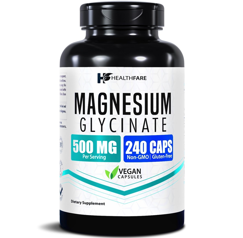 HealthFare Magnesium Glycinate 500mg | 240 Veg Capsules | High-Absorption Chelated Magnesium | Gluten-Free | Non-GMO | Made in the USA