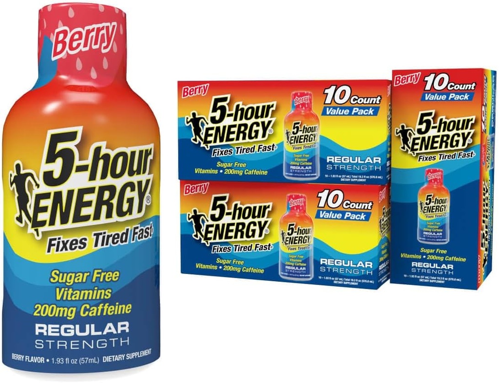 5 horas ENERGÍA Shots Regular Strength, Berry Flavor, 30 Cuenta, 1,93 Fl Oz, Sugar Gratis, Cero Calories, Aminoácidos y Vitaminas B Esenciales, Suplemento dietético, Siente Alerta y Energizado, 200 mg Caffeine
