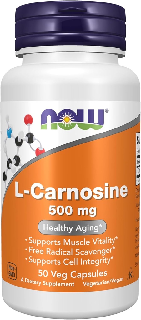AHORA Suplementos de alimentos, L-Carnosina (Beta-Alanyl-L-Histidine) 500 mg, Envejecimiento saludable, 50 cápsulas de verduras