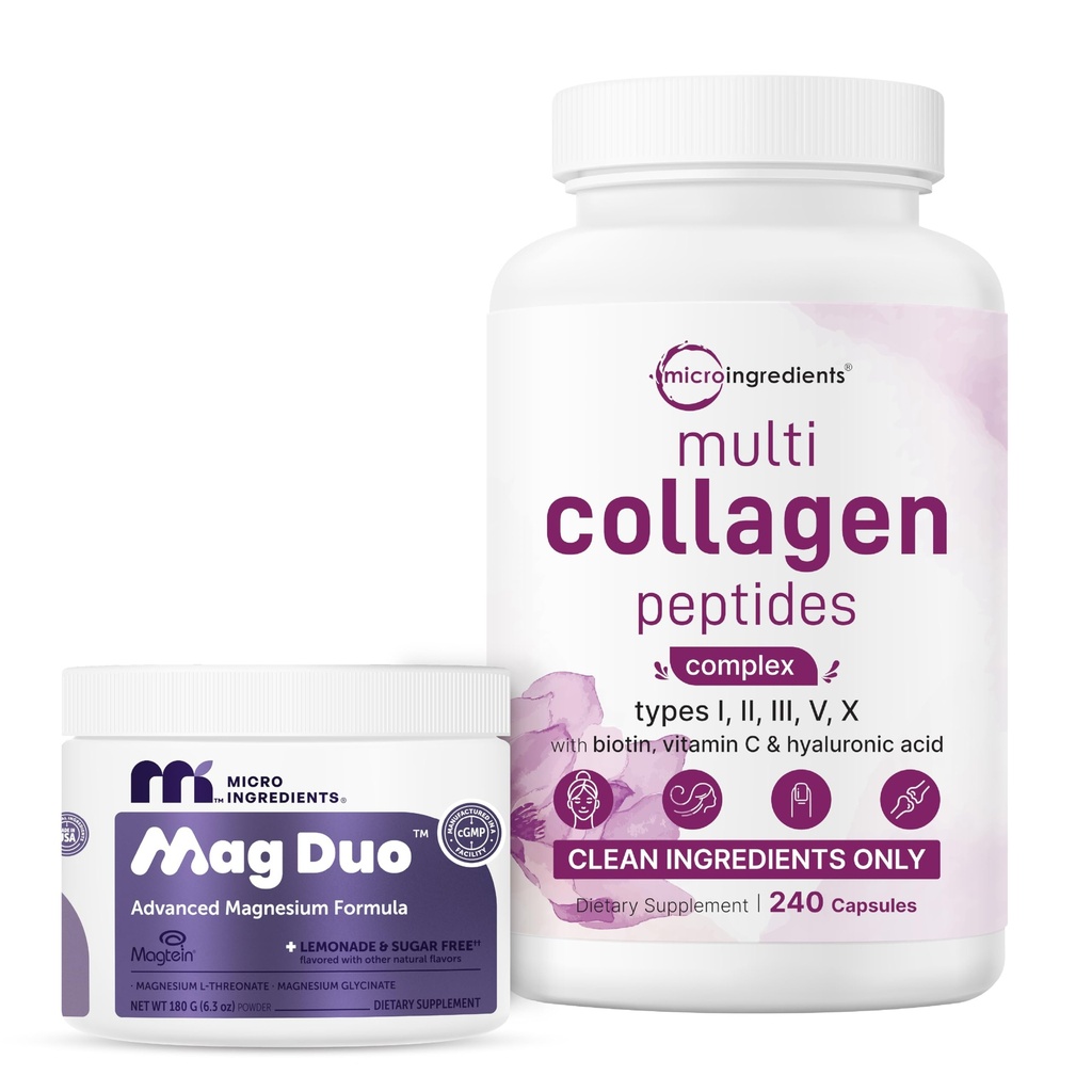 Micro Ingredients Mag Duo Magtein Magnesium L‑Threonate Powder & Multi Collagen Capsules 2 Pack Bundle | with Magnesium Glycinate for Calm, Sleep & Focus Support | Types I, II, III, V & X Collagen