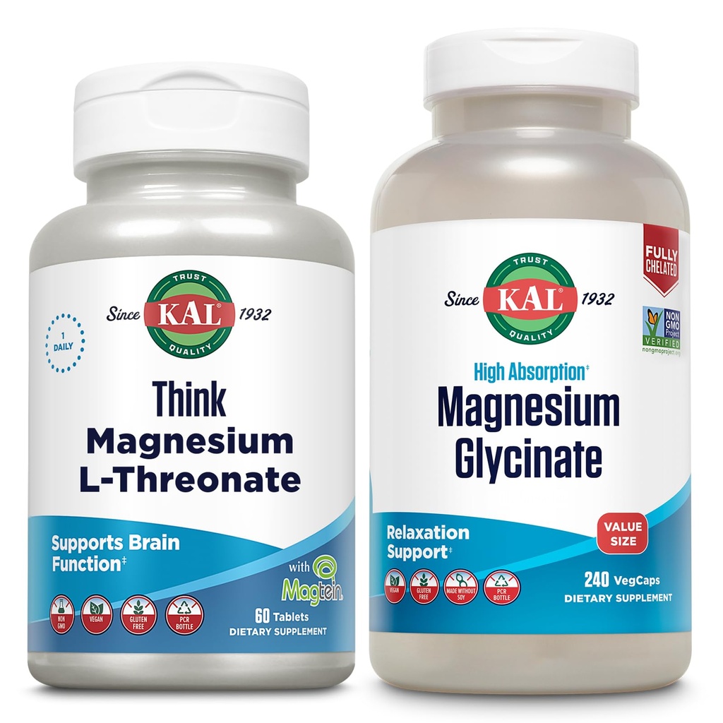 KAL Think Magnesium L-Threonate and Magnesium Glycinate Bundle - Brain and Memory Plus Relaxation, Muscle, and Bone Support, 30 Servings of Think and 240 Servings of Mag Glycinate