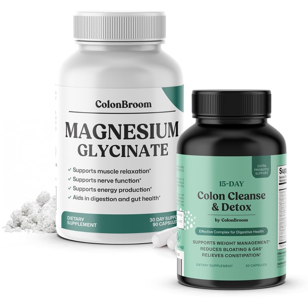 ColonBroom 15 Day Colon Cleanse & Detox Cleanse for Weight Loss + Pure Magnesium Glycinate Capsules | 1 Month Supply (90 Capsules) | Supplement for Sleep, Heart & Muscle Support