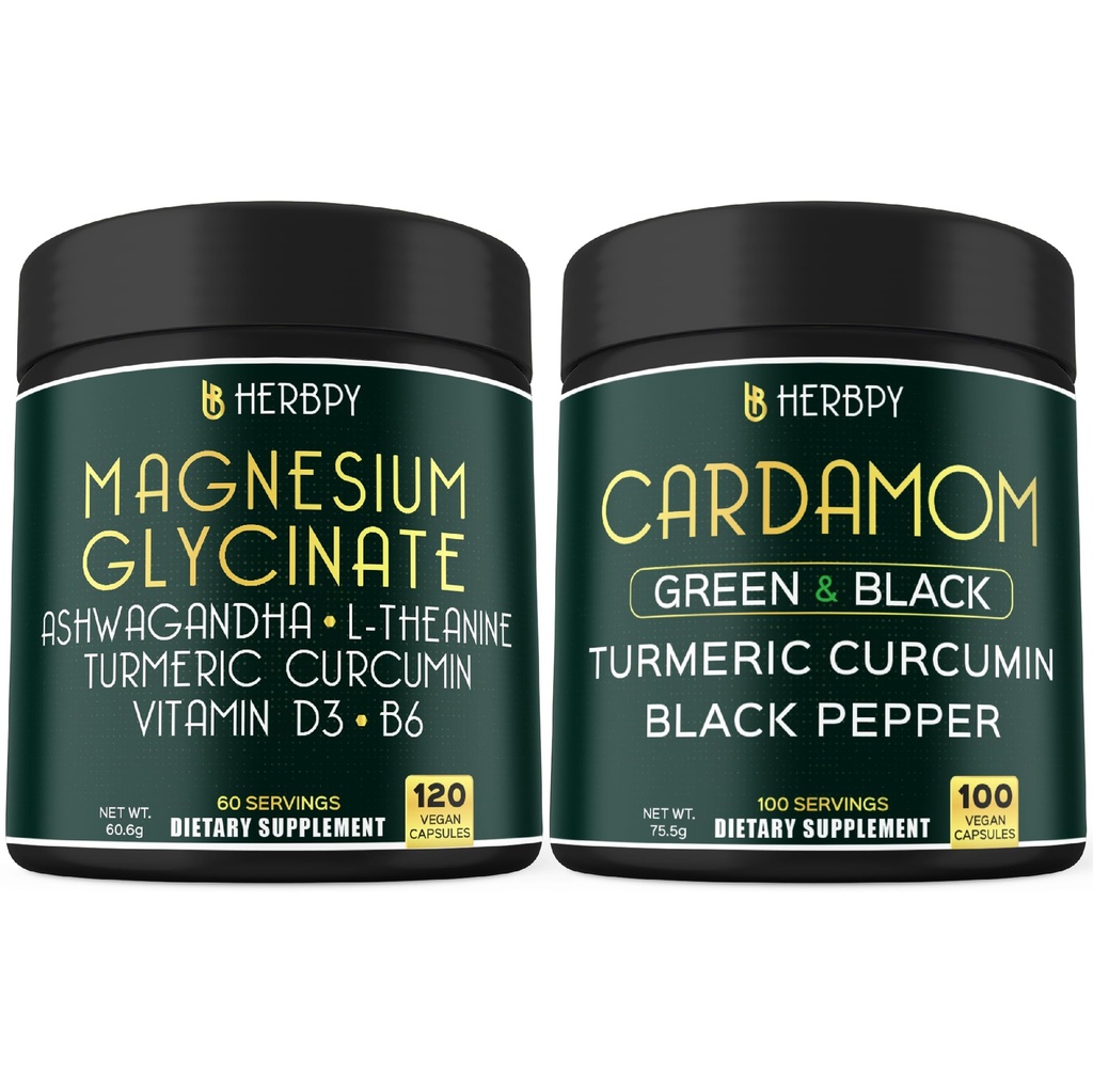 Herbpy Bundle 6in1 Magnesium Glycinate Ashwagandha & 4in1 Cardamom Capsules for Restful Night, Relaxation, Digestion, Heart Health & Natural Wellness