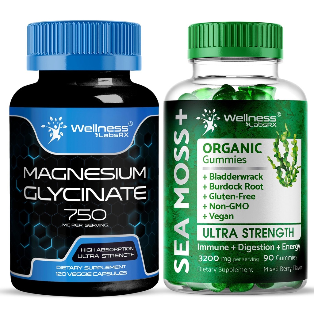 WELLNESS LABSRX Magnesium Glycinate Capsules 750mg - Sea Moss Gummies 3200mg | Bundle