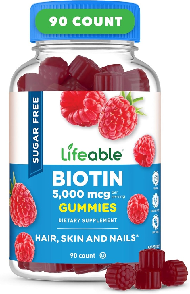 Lifeable Sugar Free Biotin Gummies ← 5000mcg Vitamina B7 TENIDO Gran Tasting Biotin Suplemento Silencio para el Crecimiento del Pelo, la Esquía y la Salud del Nail Silencioso para Mujeres, Hombres, Adultos