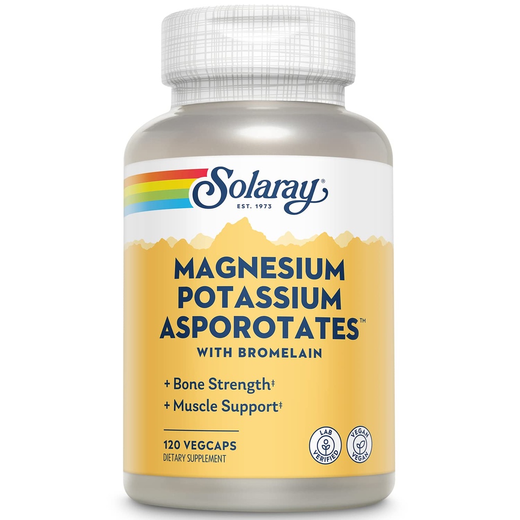 Solaray Magnesium and Potassium with Bromelain, Magnesium Potassium Supplement for Heart Health, Electrolyte, and Muscle Support - Gluten Free & Lab Verified - 60 Servings, 120 VegCaps