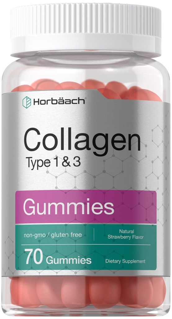 Horbäach Collagen Gummies | 70 Count | Strawberry Flavored Gummy | for Women and Men | Collagen Peptides Type 1 and 3 | Non-GMO, Gluten Free Supplement