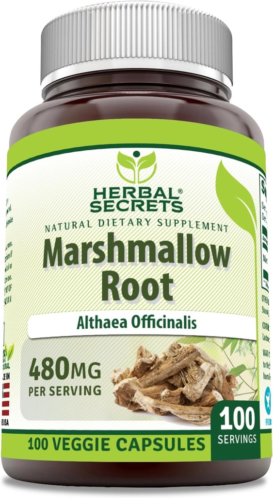 Herbal Secrets Marshmallow Extracto Suplemento Silencio 480 Mg Silencio 100 Veggie Capsules Silencio No-GMO Silencio Gluten Gratis Silencio Made in USA