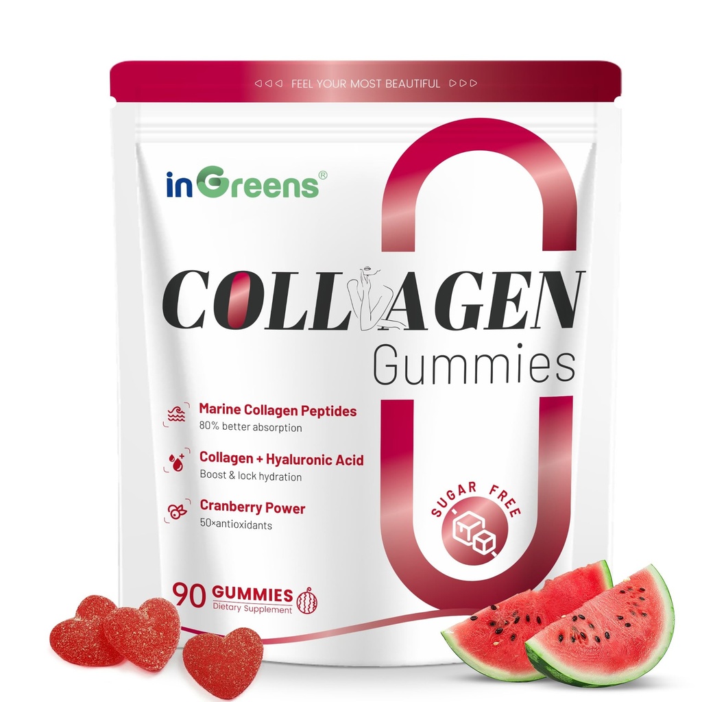 inGreens Collagen Peptides Gummies for Women - 5000mg Hydrolyzed Marine Collagen, Sugar Free with Type I,II,III & Biotin, 90 Count