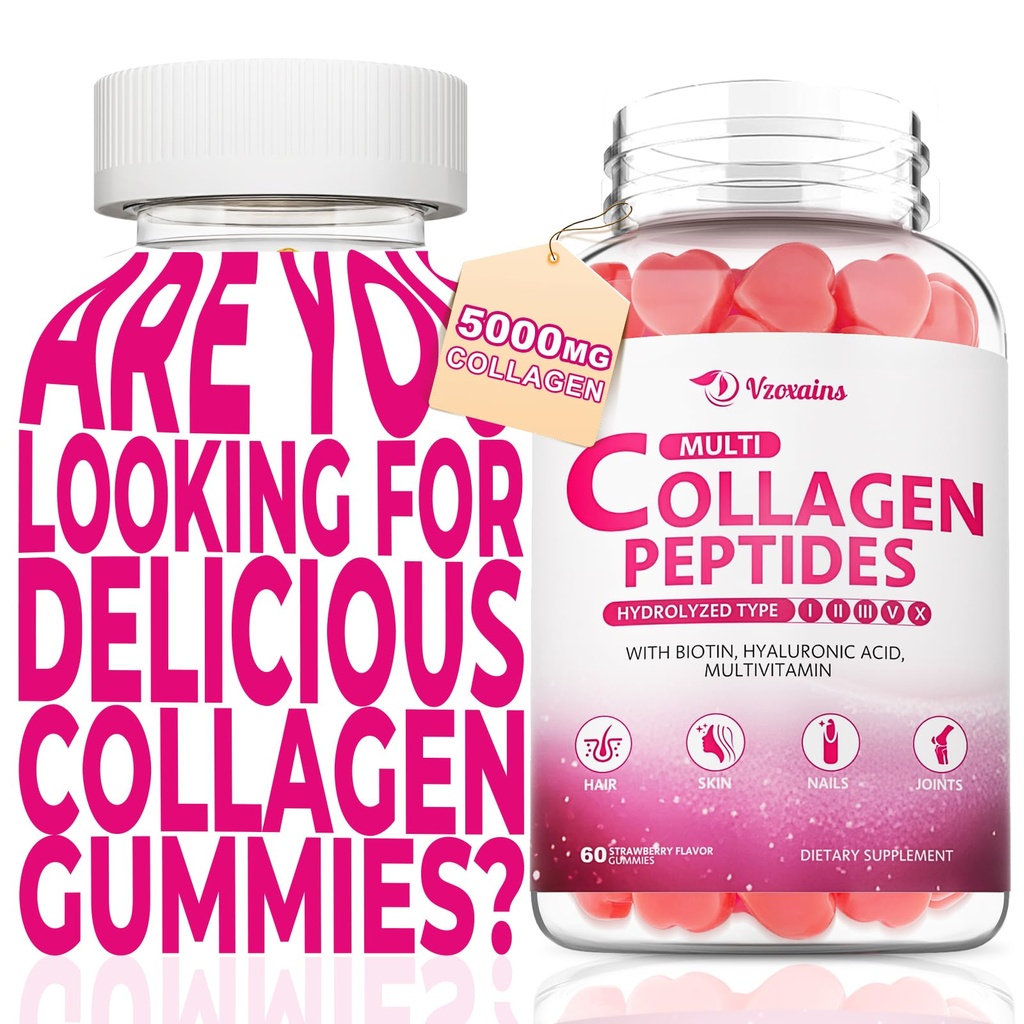 Collagen Peptides Gummies, Collagen Gummies for Women & Men, Type I,II,III,V,X Protein with Biotin, Hyaluronic Acid, Vitamin C for Healthy Skin | Strawberry Flavored, Sugar Free, 120 Cts