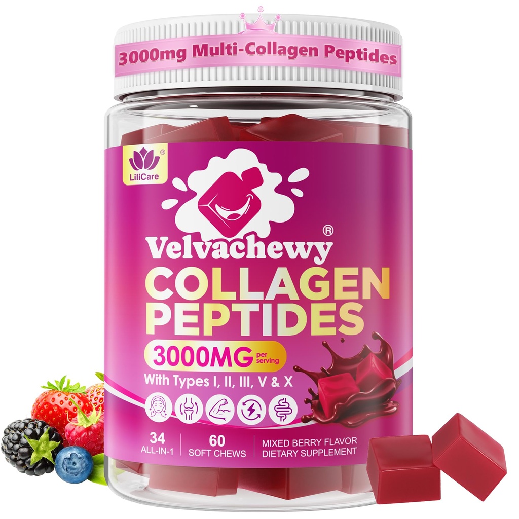 Collagen Gummies + Biotin Soft Chews 3000mg for Women & Men, Ultra Hydrolyzed Collagen Peptides Boosting Type I,II,III,V,X, Vitamin C, E, Anti-Aging Formula for Hair, Skin & Nails, Digestion,Bone,60Ct