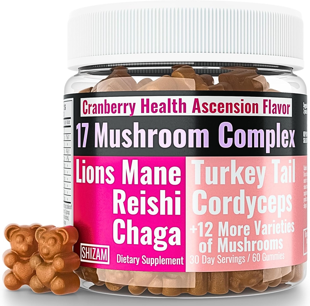 SHIZAM 17 Mushroom Complex Gummies for Adults Chaga Lions Mane Cordyceps Reishi Lion's Mane Turkeytail Turkey Tail, Better Daily Supplement Alt for Capsules & Powder Vitamins Super-Food Blend 10