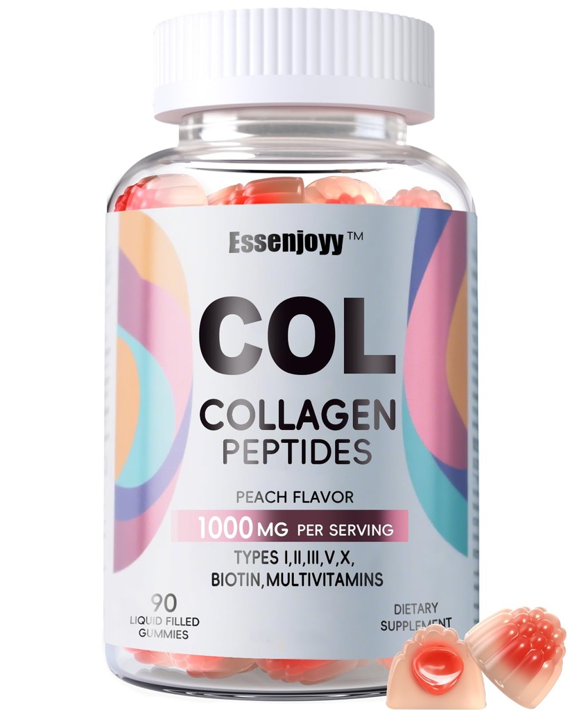 Liquid Filled Collagen peptides Gummies for Women & Man 1000mg with biotin, Vitamin C, E-Sugar Free Multi hydrolyzed Collagen peptides for Skin Hair Nails -30 Servings, Peach Flavor