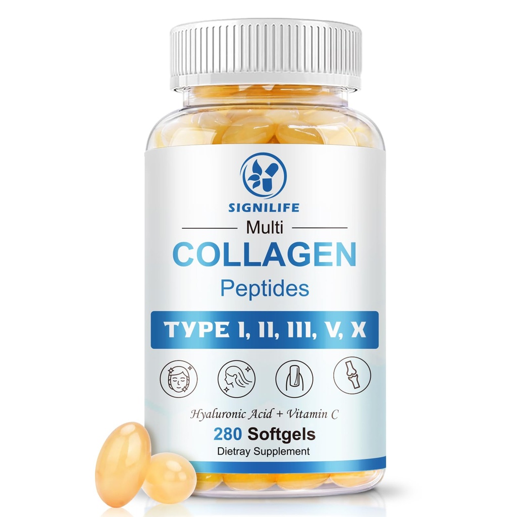 Multi Collagen Peptides for Women & Men, Hydrolyzed Collagen Peptides-Type I, II, III, V, X - with Hyaluronic Acid,Vitamin C,Biotin,Supports Skin Hair Nail, Non-GMO, 280 Softgels