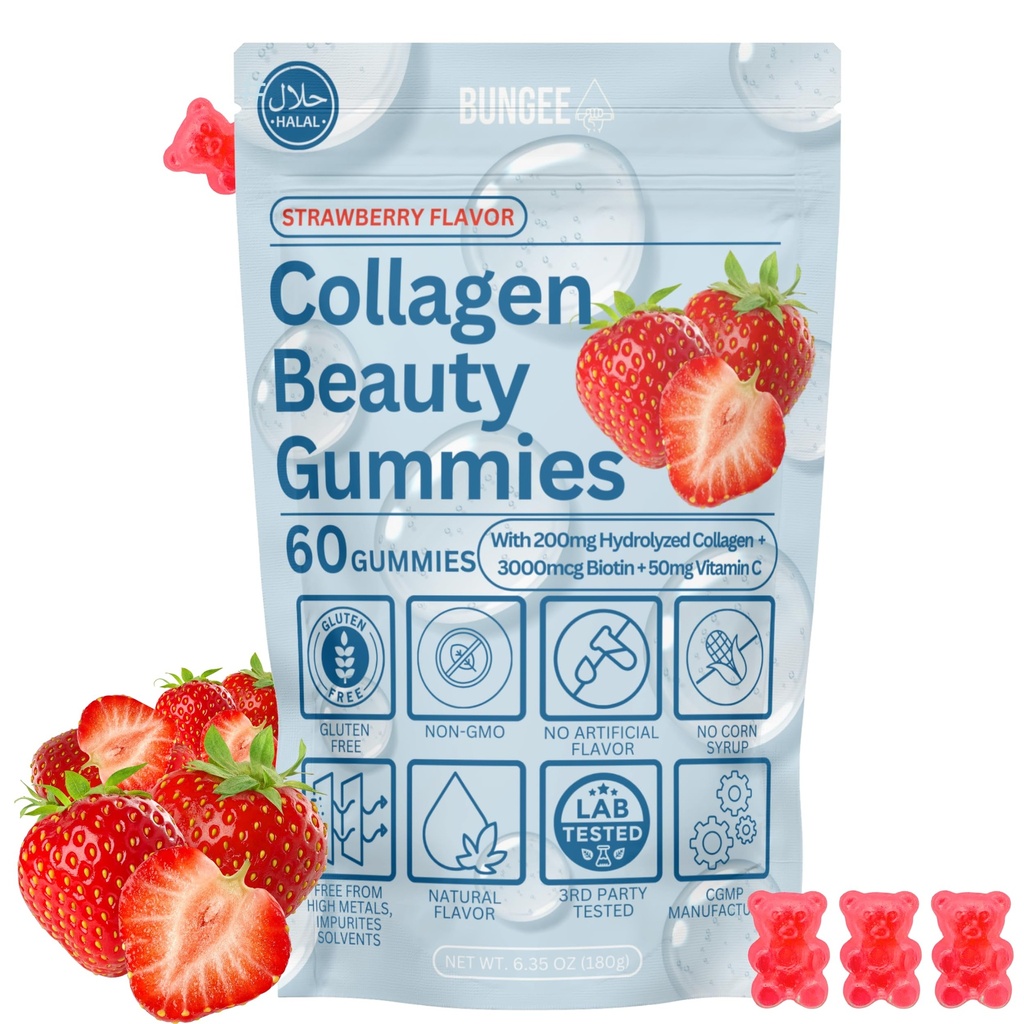 BUNGEE Collagen Beauty Gummies Strawberry Flavor – Biotin 3000mcg, Collagen, Vitamin C, E & Selenium – Hair, Skin, Nail Support – Gluten-Free, Halal, Non-GMO, No Corn Syrup – 60 Gummies