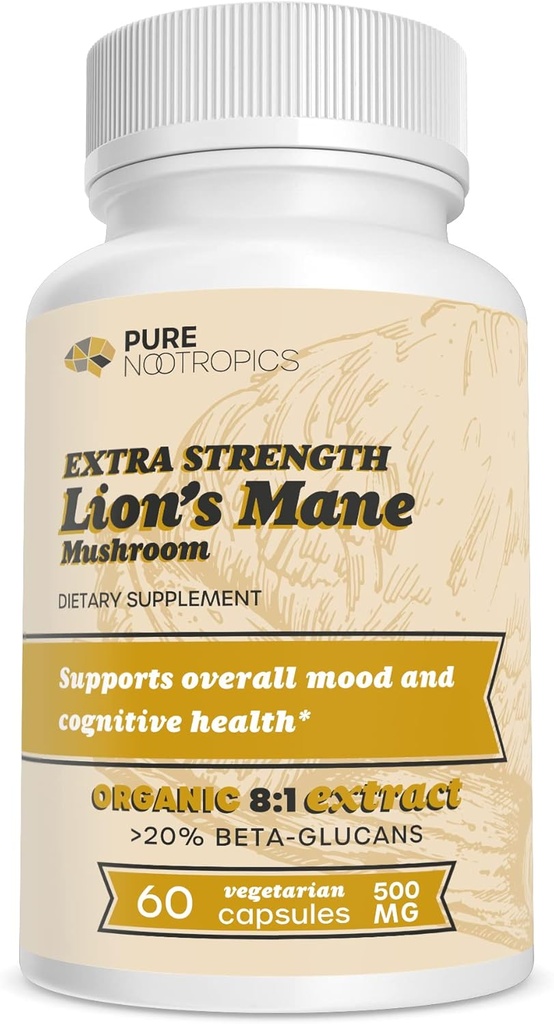 Nootropía pura - Mane de León Orgánico 8:1 Mushroom 500 mg  Dual Extract ← 60 Vegetarian Caps ←20% beta-glucans ← Hericium erinaceus ← Salud cerebral