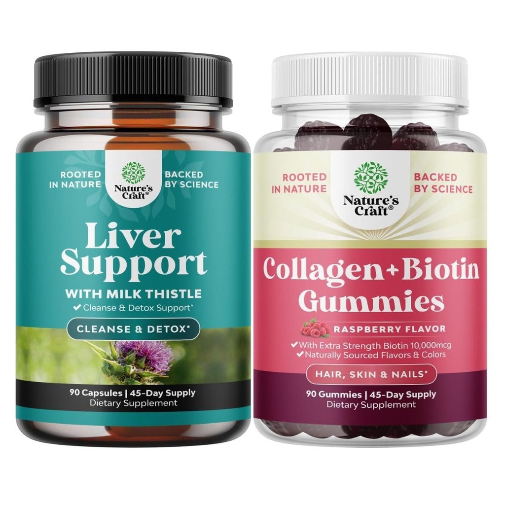 Bundle of Liver Cleanse Detox & Repair - Milk Thistle Dandelion Root Choline Beetroot Artichoke Extract and Hair Skin & Nails Gummies for Women - Extra Strength Biotin & Collagen 10000mcg per serving