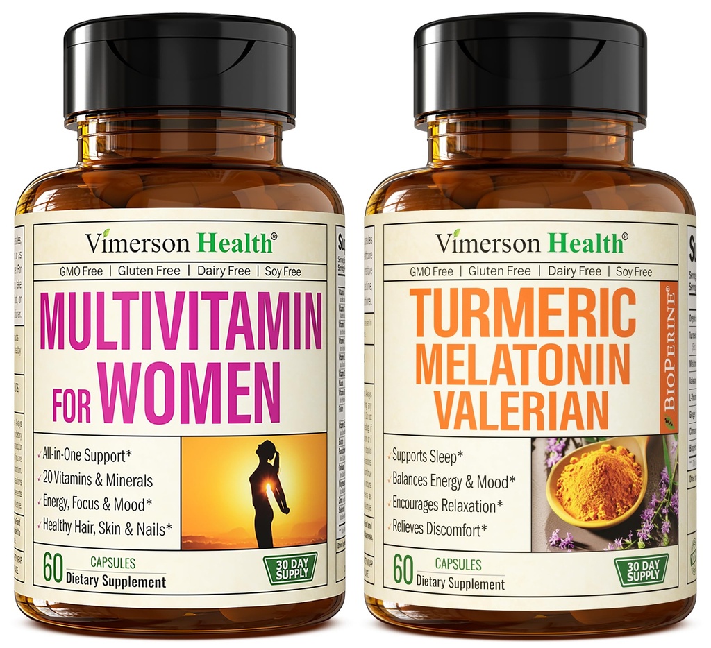 Women's Multivitamin + Turmeric Melatonin Valerian Bundle. Joint Support and Cartilage Comfort, Healthy Immune Response and Inflammatory Balance