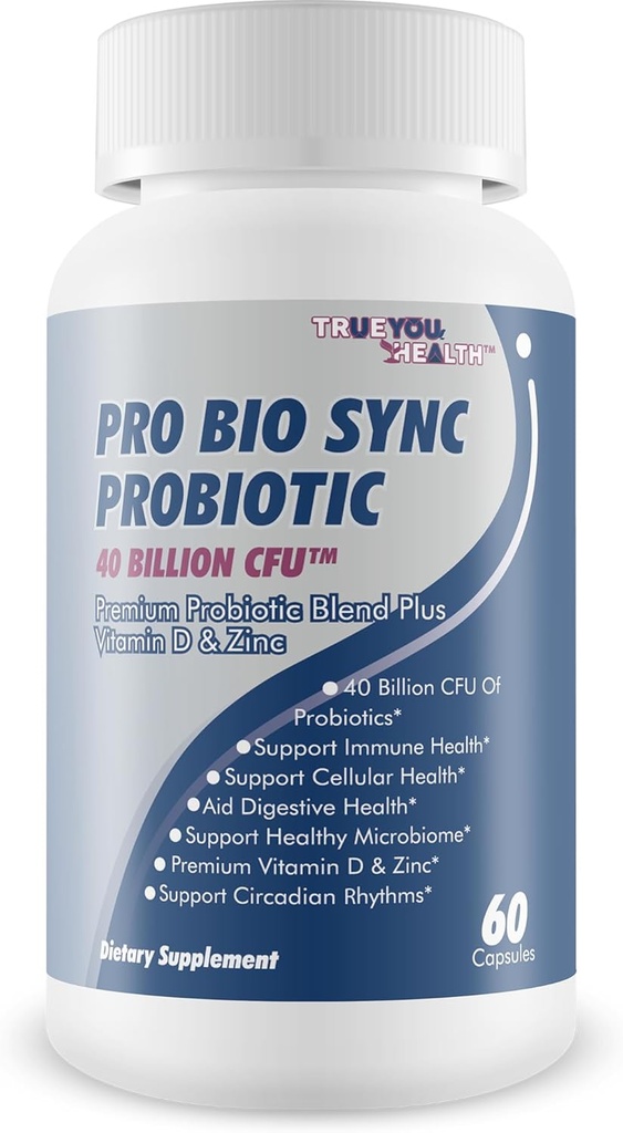 Pro Bio Sync Probiotic 40 Billion CFU - Suplemento Probiótico Premium con Soporte Inmunitario - Ayuda Mejorar el microbioma Gut - Múltiples Beneficios de Salud - Asistencia Digestión, Salud Celular, Ritmo Circadiano