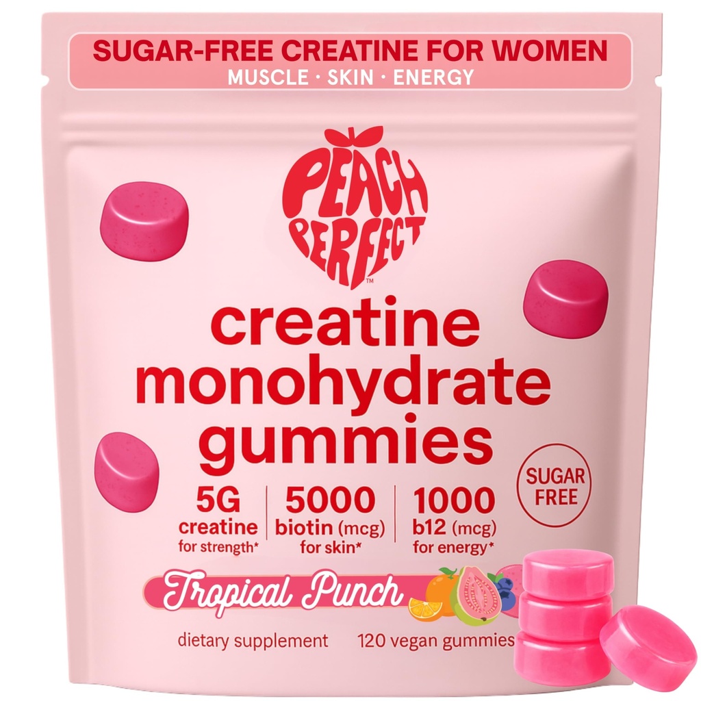 Peach Perfect Creatine Gummies for Women – Micronized Creatine Monohydrate with Biotin & Vitamin B12 for Glute Strength Support, Boosts Energy, Focus, Strength, and Endurance – Tropical Punch, 30 SVG