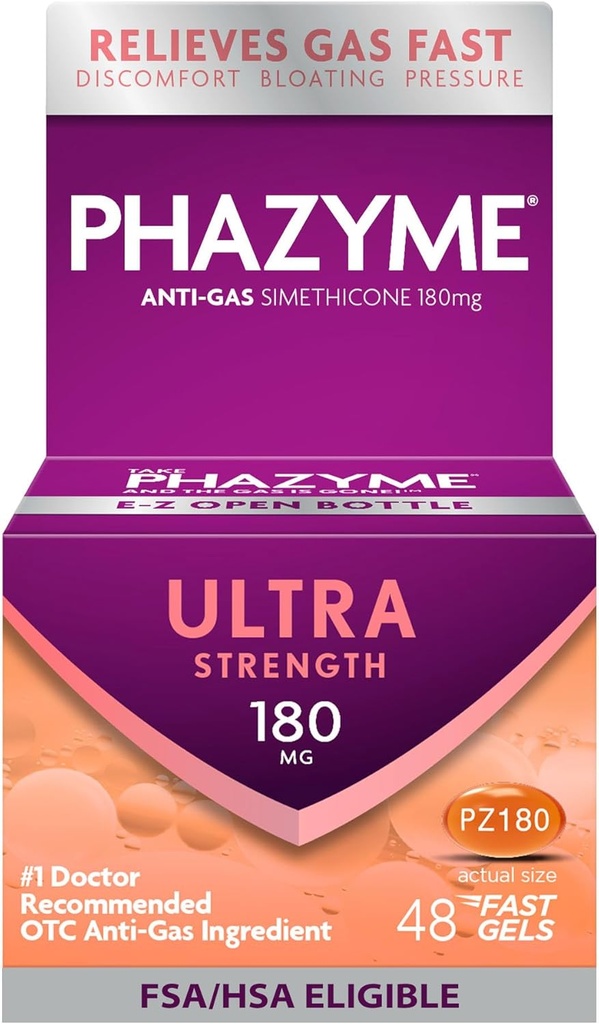 Alivio de gas de Phazyme, Gas de Ultra Fuerza y Alivio de Bloating para Adultos, 180 mg de Simethicone Fast Gels, 48 Cuenta