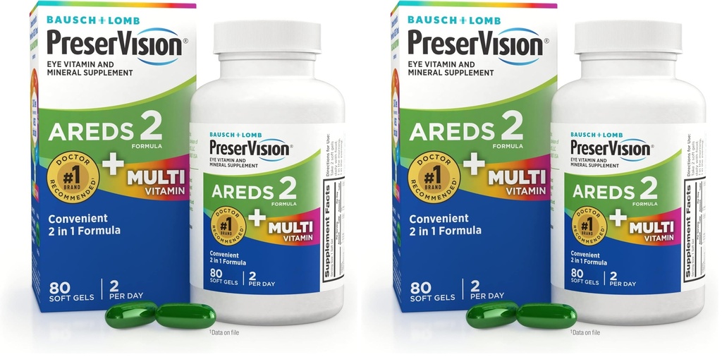PreserVision AREDS 2 + Multivitamin,#1 Eye Doctor Recommended Brand,2-in-1 Eye Vitamin with Lutein,Zeaxanthin,Zinc,and Vitamin C,D & E,80 Softgels,(Pack of 2)