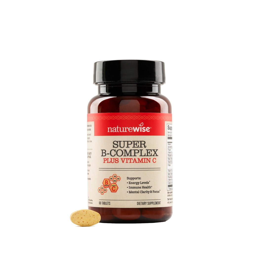 NatureWise Super Vitamin B Complex for Women and Men - with Vitamin C, Folic Acid Biotin B1 B2 B3 B6 B12 - Support Cellular Energy & Mental Clarity - Vegan, Gluten & Dairy Free, Non-GMO - 60 Tablets