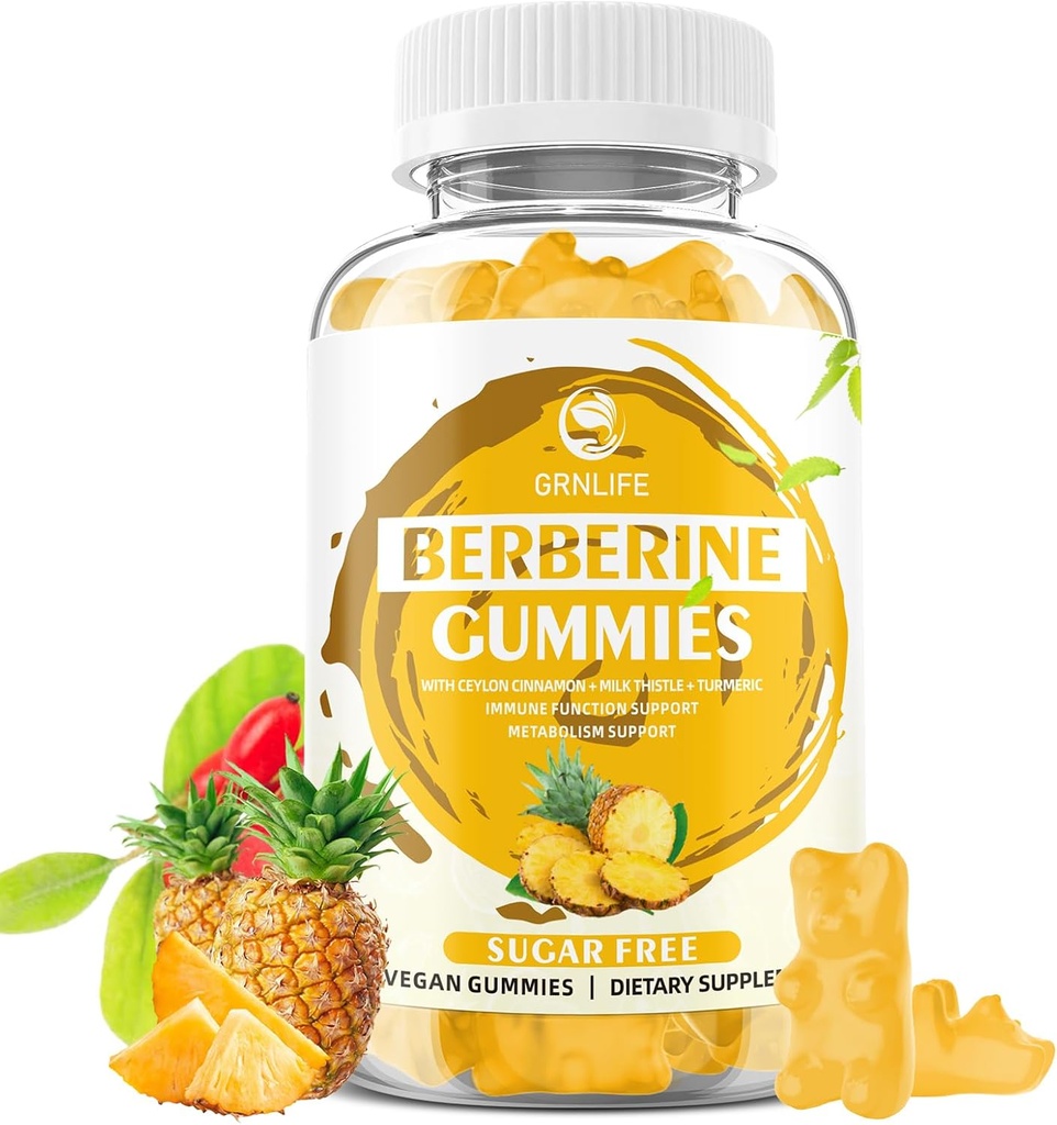 Berberine Gummies con Ceylon Cinnamon 1500mg High Potency Berberine HCL Suplemento para Immune y Metabolism Support, Sugar Free, Pineapple Flavor - 60 Condes