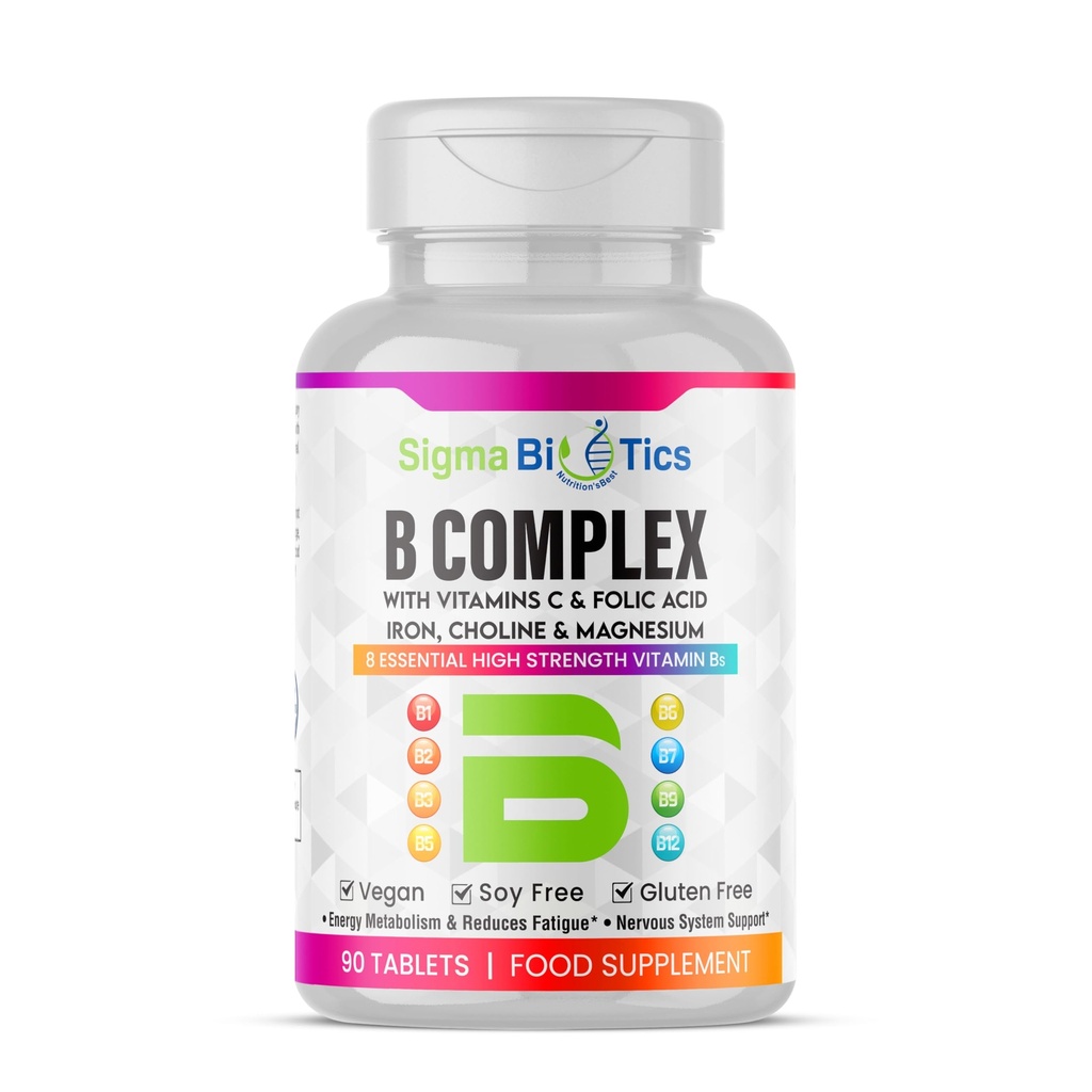 Vitamin B Complex with Vitamin C, Iron, Magnesium & Choline - High Potency B1-B12 Tablets - Energy, Metabolism & Nervous System Support - Vegan, Non-GMO - 90 Tablets