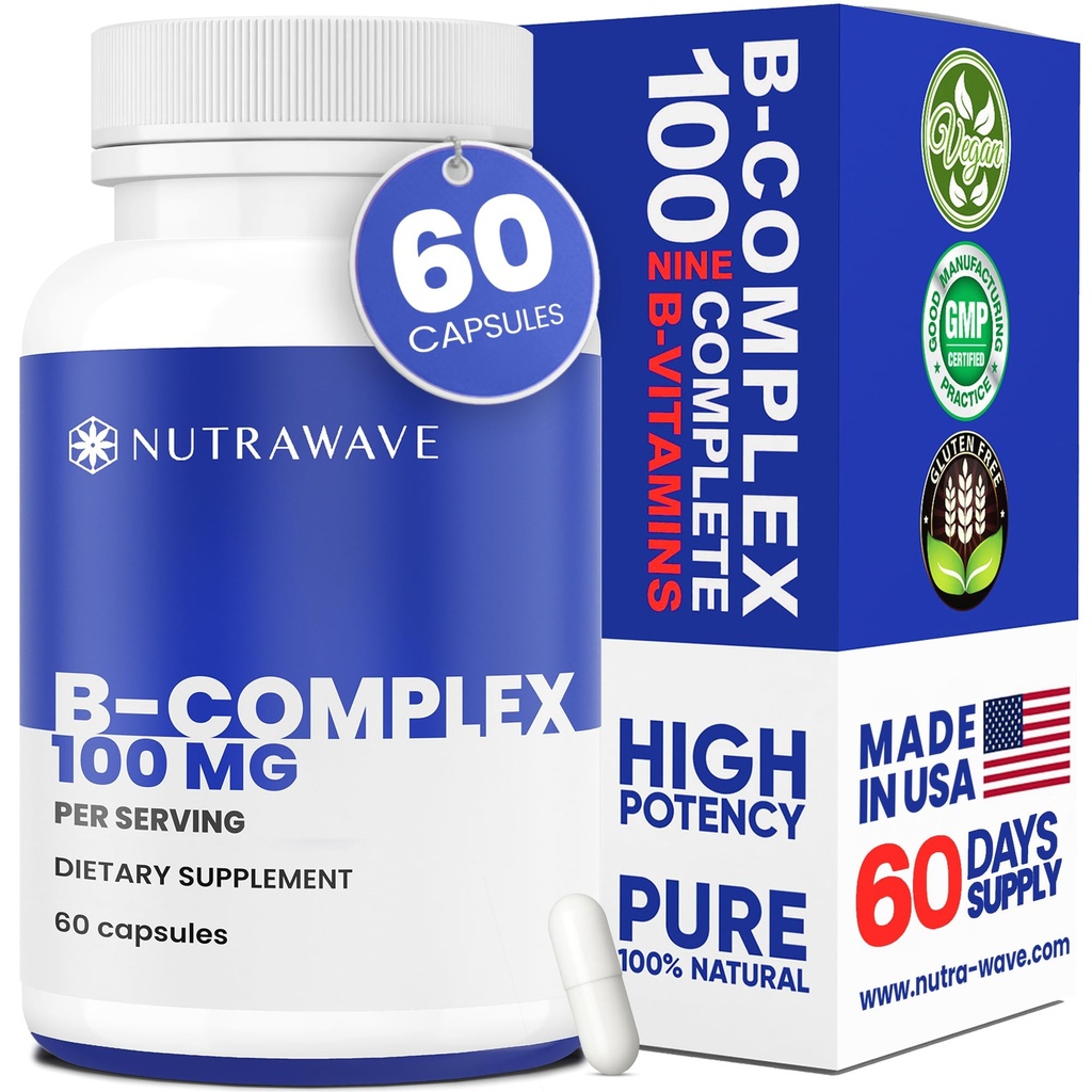 NEW Nutrawave Vitamin B Complex – Super B Vitamins for Women & Men with B1, B2, B3, B5, B6, B7, B9, B12, Choline & Inositol – Supports Energy & Nervous System – Non-GMO, Vegan – 60 Capsules