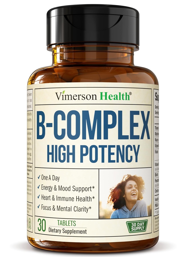 Vitamin B Complex with Vitamin B12, Niacin, Vitamin B2, Vitamin B6, Folic Acid 400mcg. B Complex Vitamins for Women & Men. Aids Mood, Energy, Nervous System & Immune Support. High Potency. One a Day