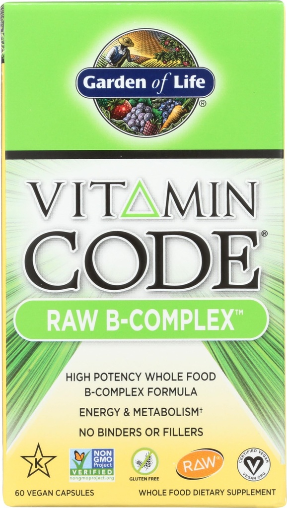 Garden of Life Raw B Complex - Vitamin Code - 60 Vegan Capsules, High Potency Vitamins for Energy & Metabolism with B2 Riboflavin, B1, B3, B6, Folate, B12 as Methylcobalamin & Biotin Plus Probiotics