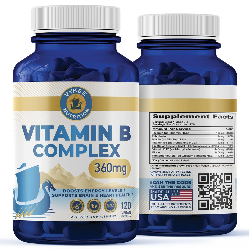 Vykee Nutrition B Complex Supplement – High-Potency B Vitamins with 750mg DFE Folate, 440mcg B12/Biotin | Vegan Non-GMO | Supports Cellular Energy Production & Red Blood Cell Formation | 120 Capsules