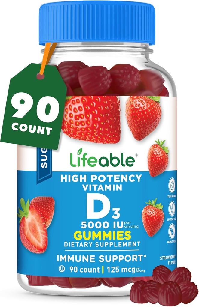 Vitamina D 5000 UI - Gran Tasting Natural Flavor Gummy Suplemento - Gluten Free Vegetarian GMO-Free Chewable - para Immune Support and Bone Health - para adultos - 90 Gummies