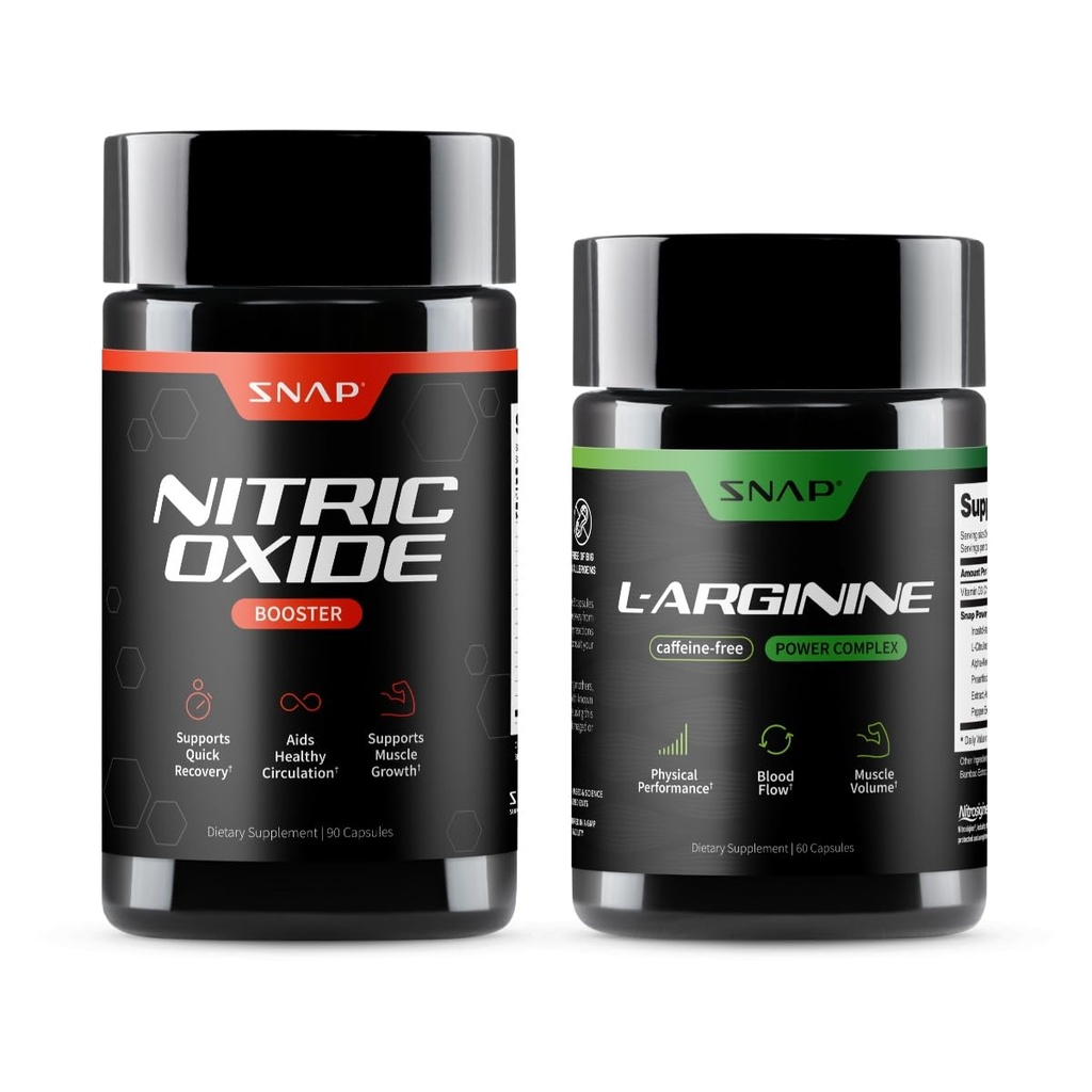 Snap Supplements Nitric Oxide Booster + L Arginine Capsules Bundle, 90 + 60 Vegetarian Capsules